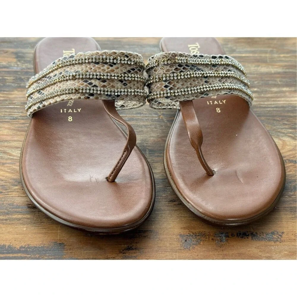 Toscanella Italy Womens 8 Brown Snakeskin Rhinestone Low Wedge Thong Sandals